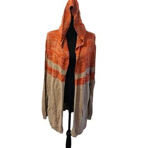New York & Company Open hooded cardigan XL tan and orange stripes knit relaxed
